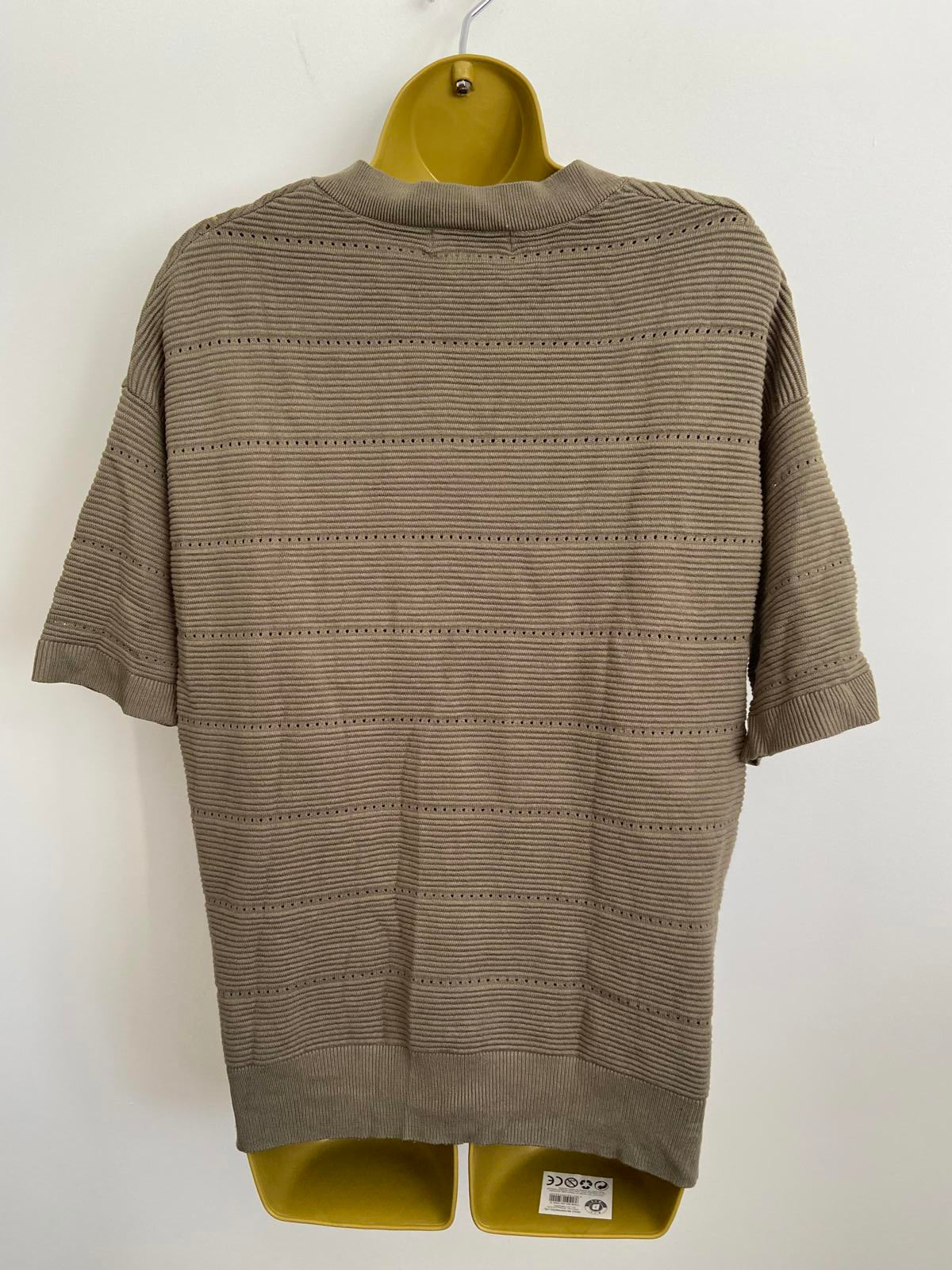 F&F Size Small Khaki Green Ribbed Knit Short Sleeve V-Neck Jumper