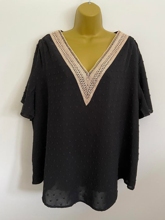 Shein 4XL Black Swiss Dot V-Neck Blouse Crochet Lace Neckline