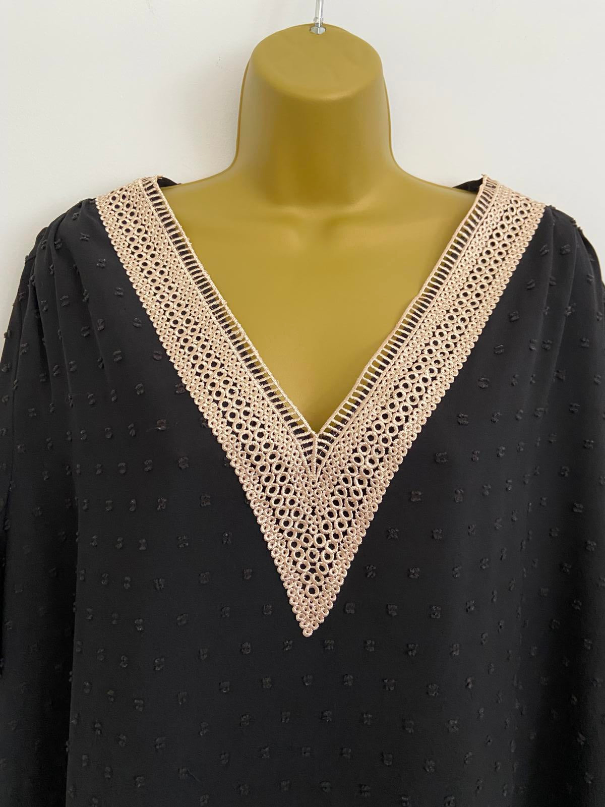 Shein 4XL Black Swiss Dot V-Neck Blouse Crochet Lace Neckline
