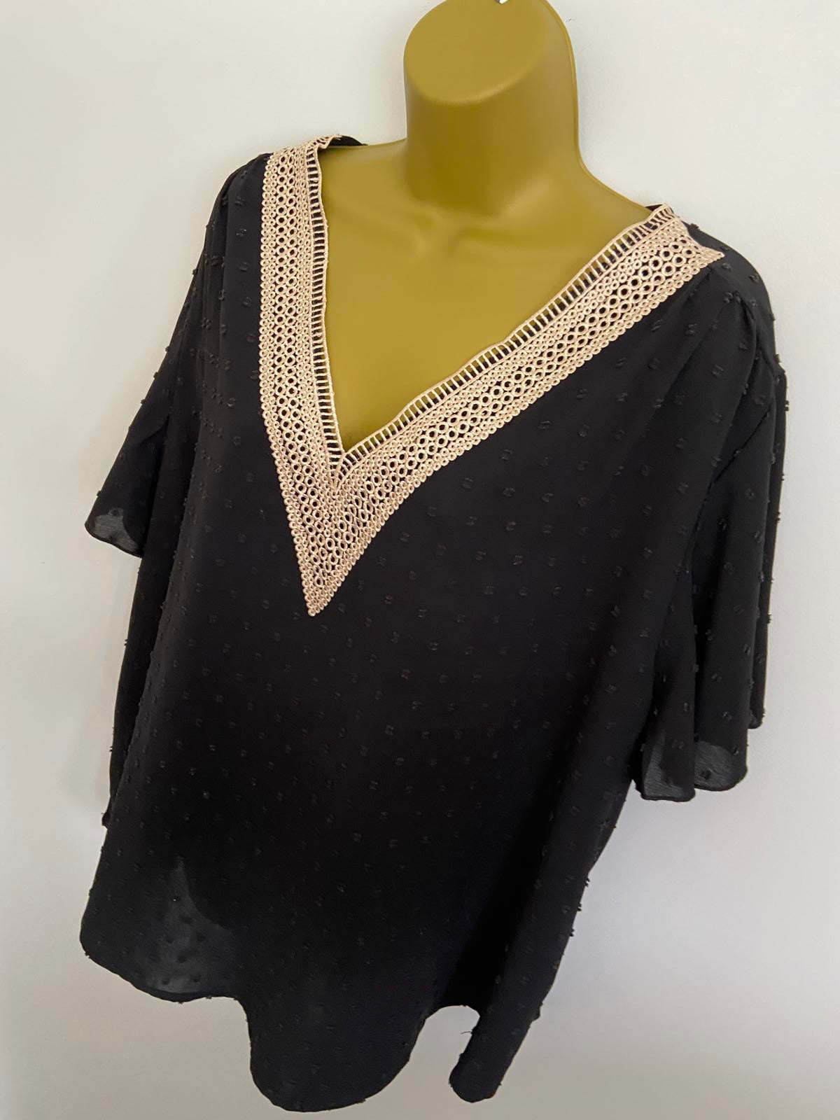 Shein 4XL Black Swiss Dot V-Neck Blouse Crochet Lace Neckline