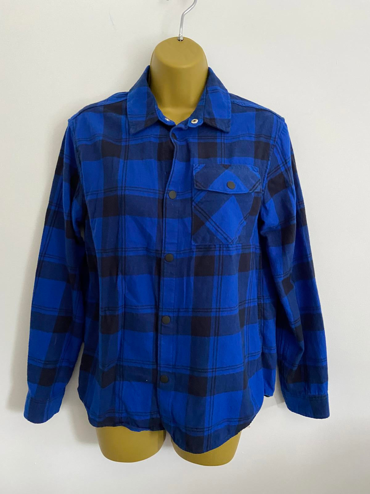 M&S Blue Checked Brushed Cotton Shirt - Popper Front, Age 13-14 Years