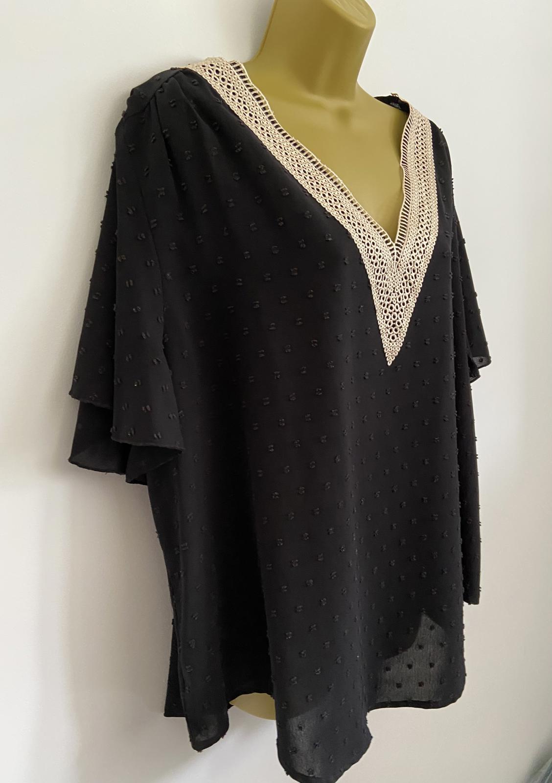 Shein 4XL Black Swiss Dot V-Neck Blouse Crochet Lace Neckline