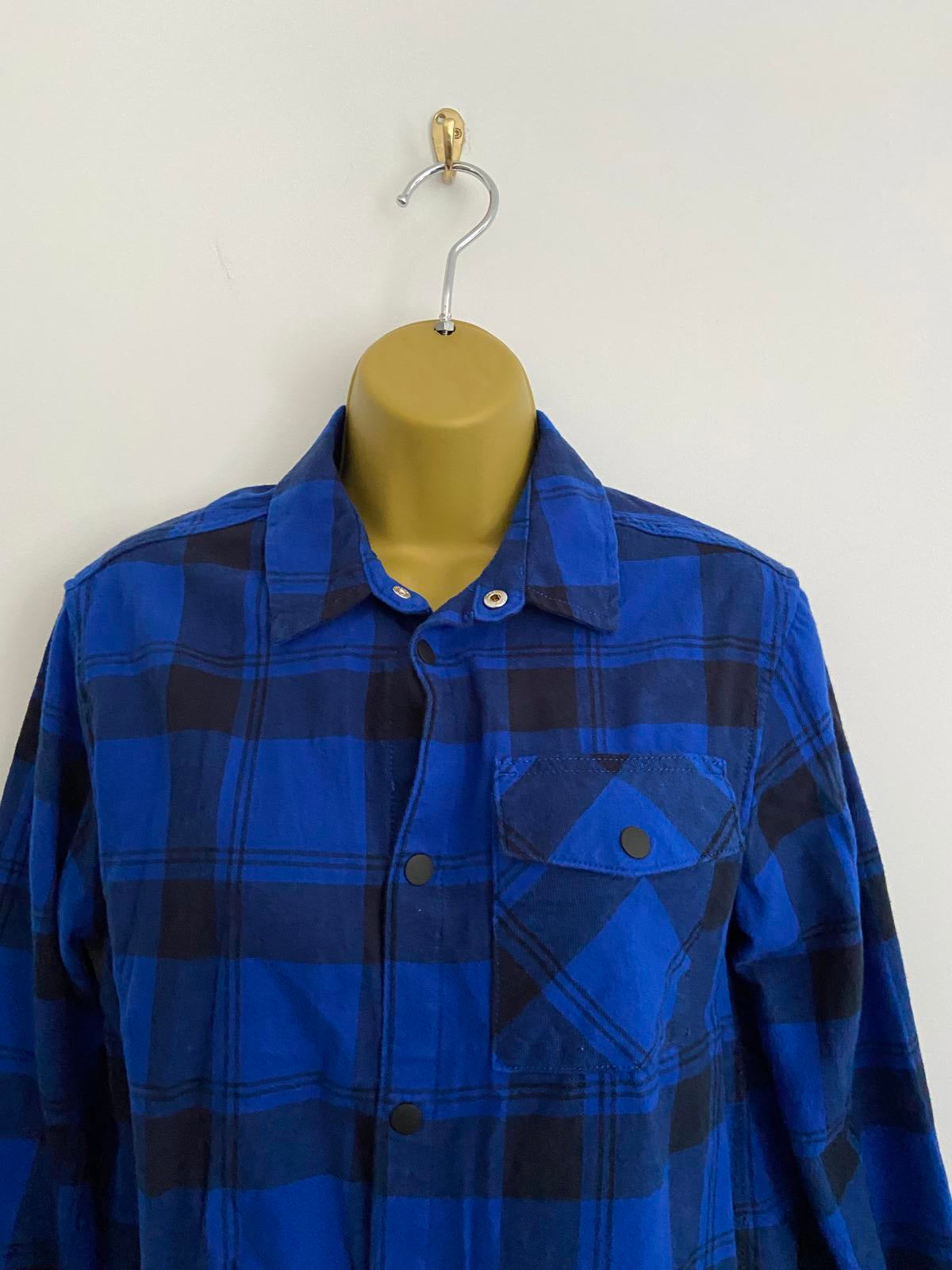 M&S Blue Checked Brushed Cotton Shirt - Popper Front, Age 13-14 Years