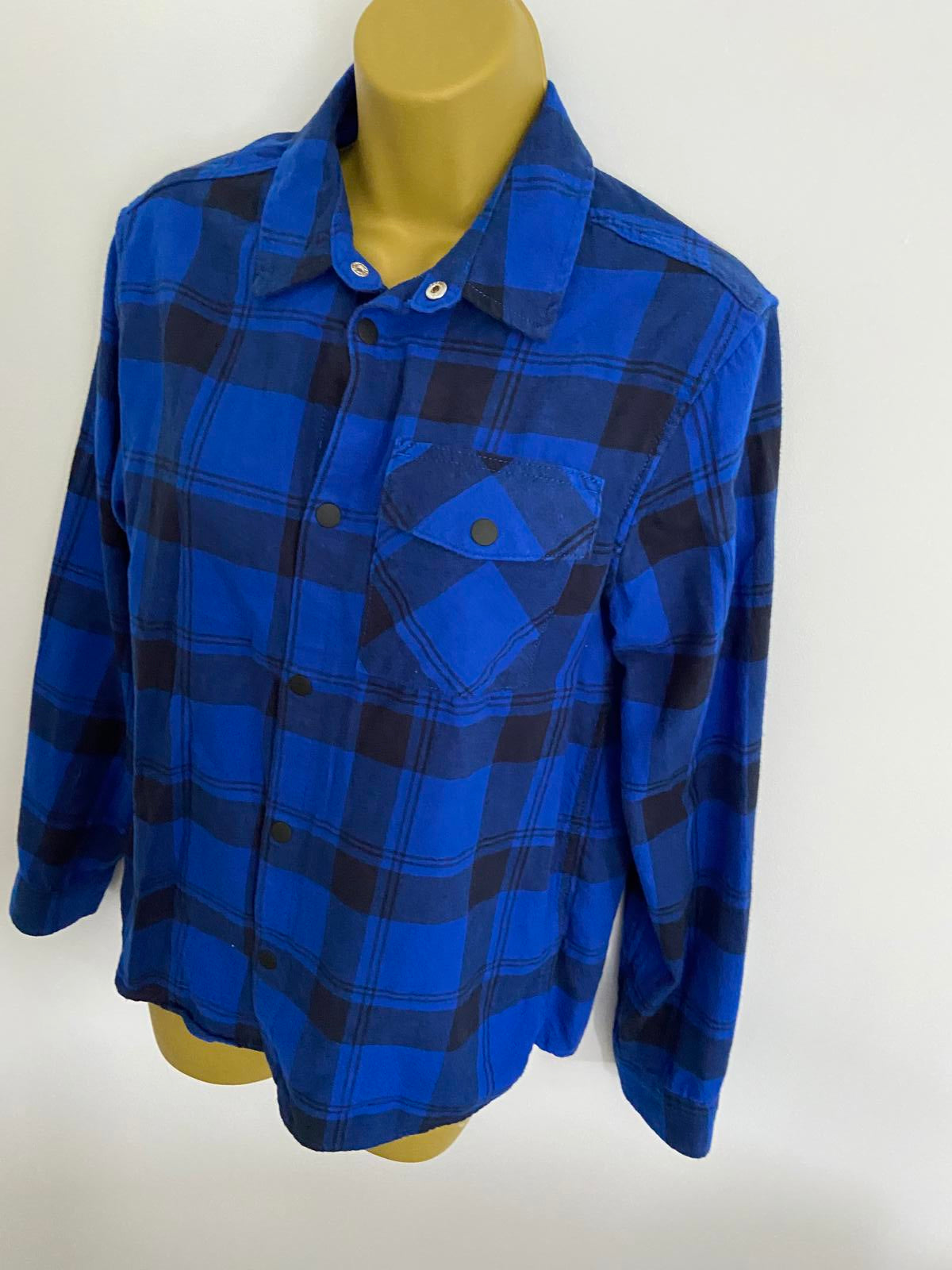 M&S Blue Checked Brushed Cotton Shirt - Popper Front, Age 13-14 Years