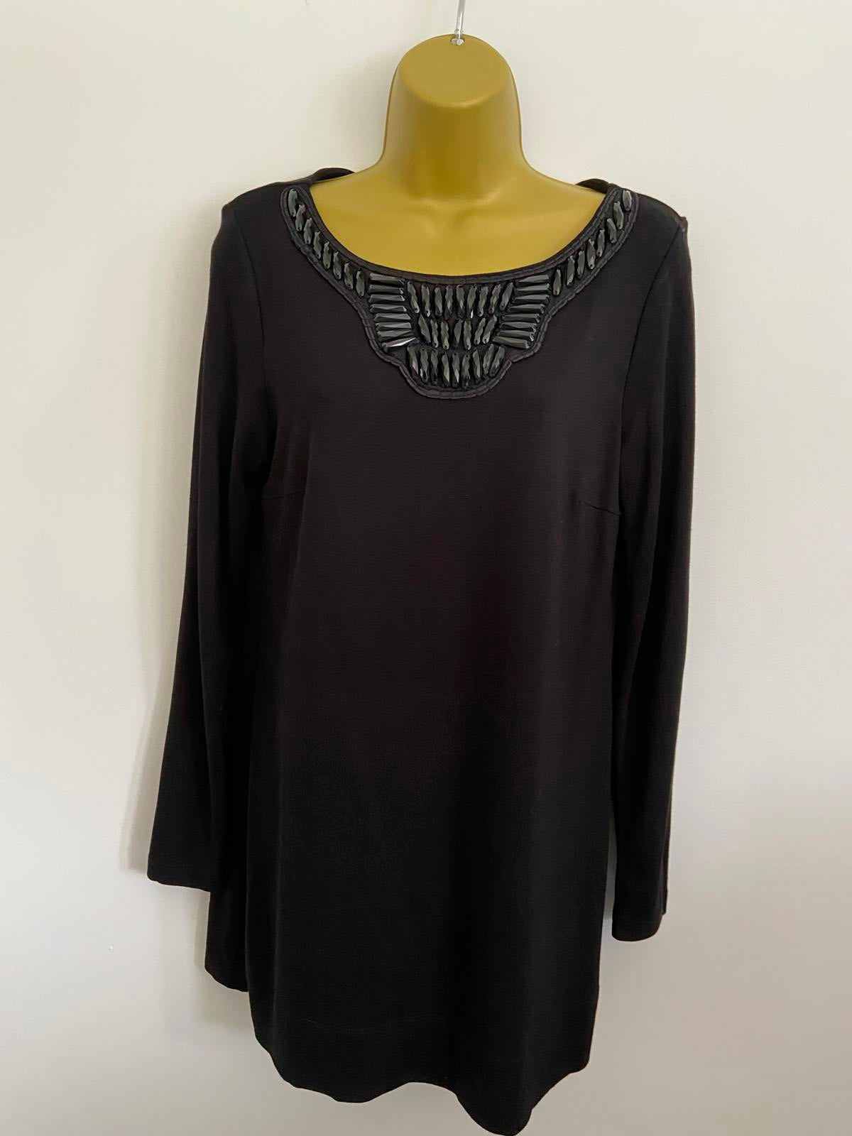 M&S Size 12 Black Long Sleeve Top Beaded Embellished Neckline
