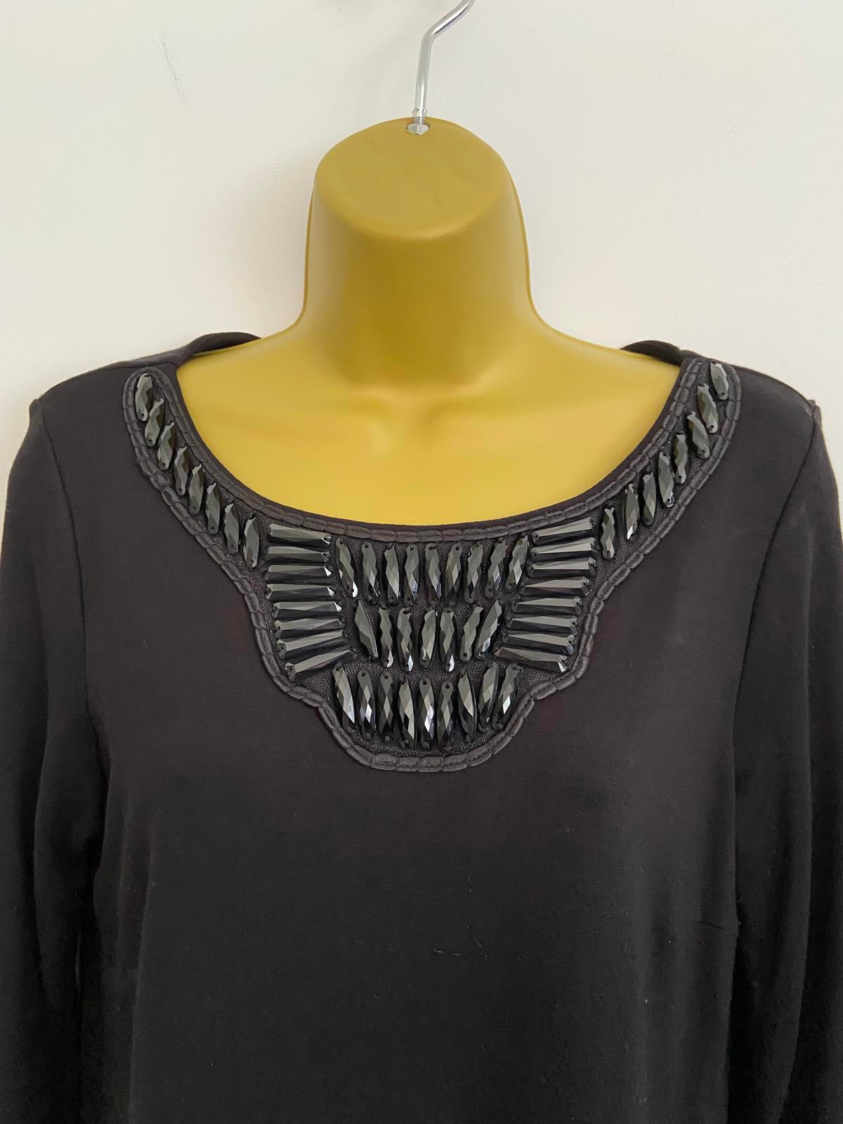 M&S Size 12 Black Long Sleeve Top Beaded Embellished Neckline