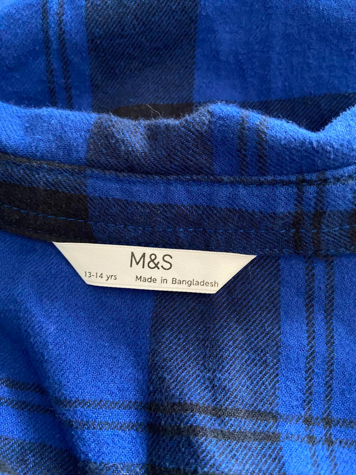 M&S Blue Checked Brushed Cotton Shirt - Popper Front, Age 13-14 Years