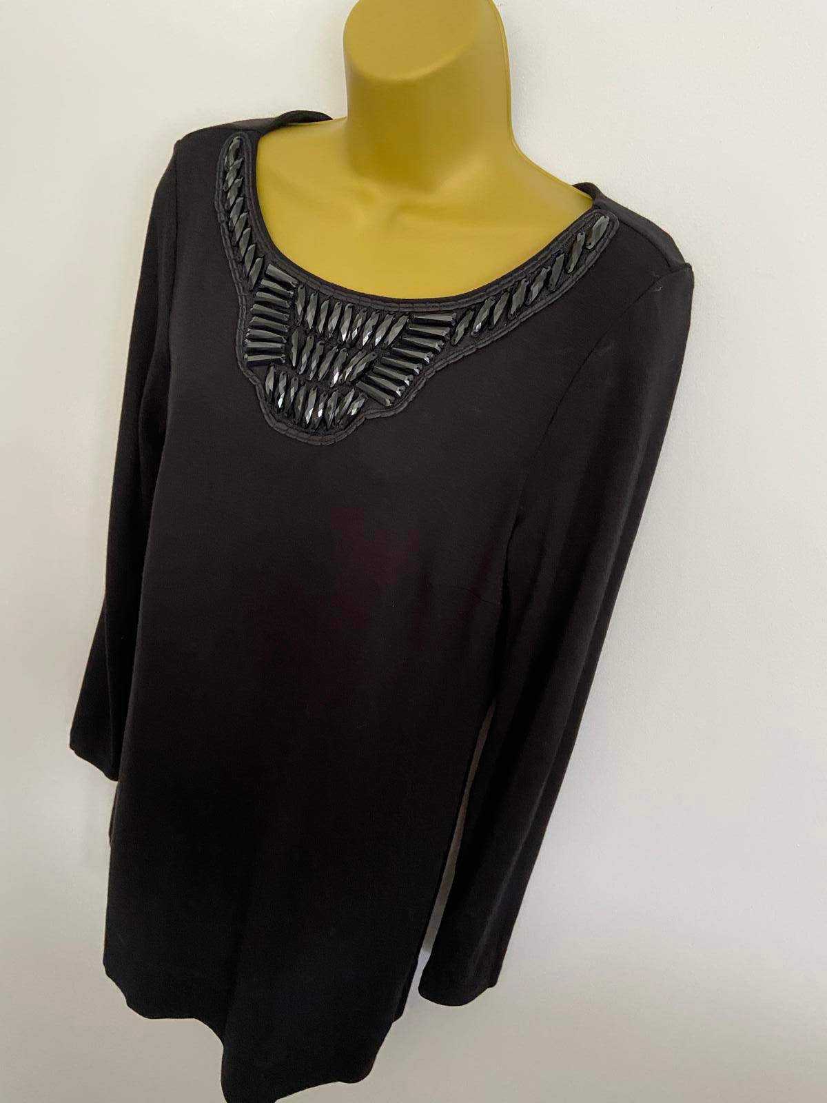 M&S Size 12 Black Long Sleeve Top Beaded Embellished Neckline