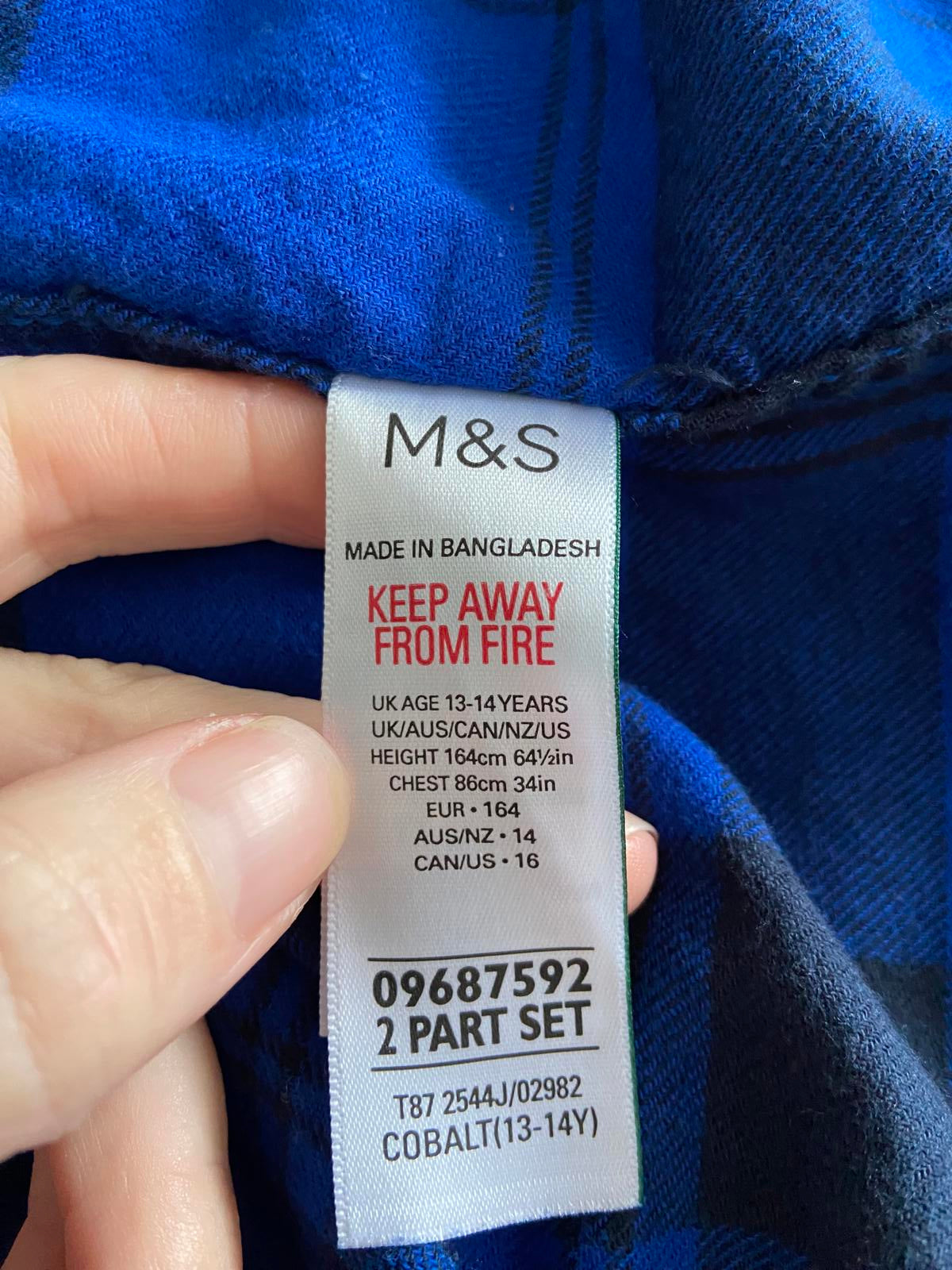 M&S Blue Checked Brushed Cotton Shirt - Popper Front, Age 13-14 Years