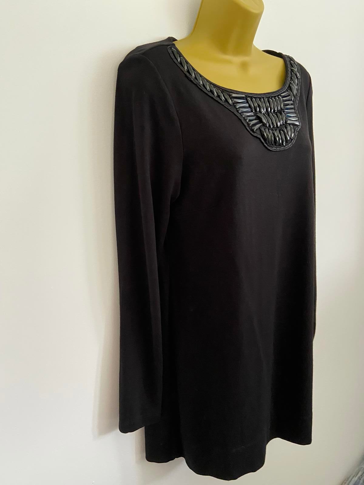 M&S Size 12 Black Long Sleeve Top Beaded Embellished Neckline