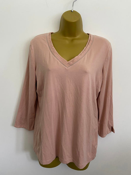 Gerry Weber Size 10 Dusky Pink 3/4 Sleeve V-Neck Top Silver Trim