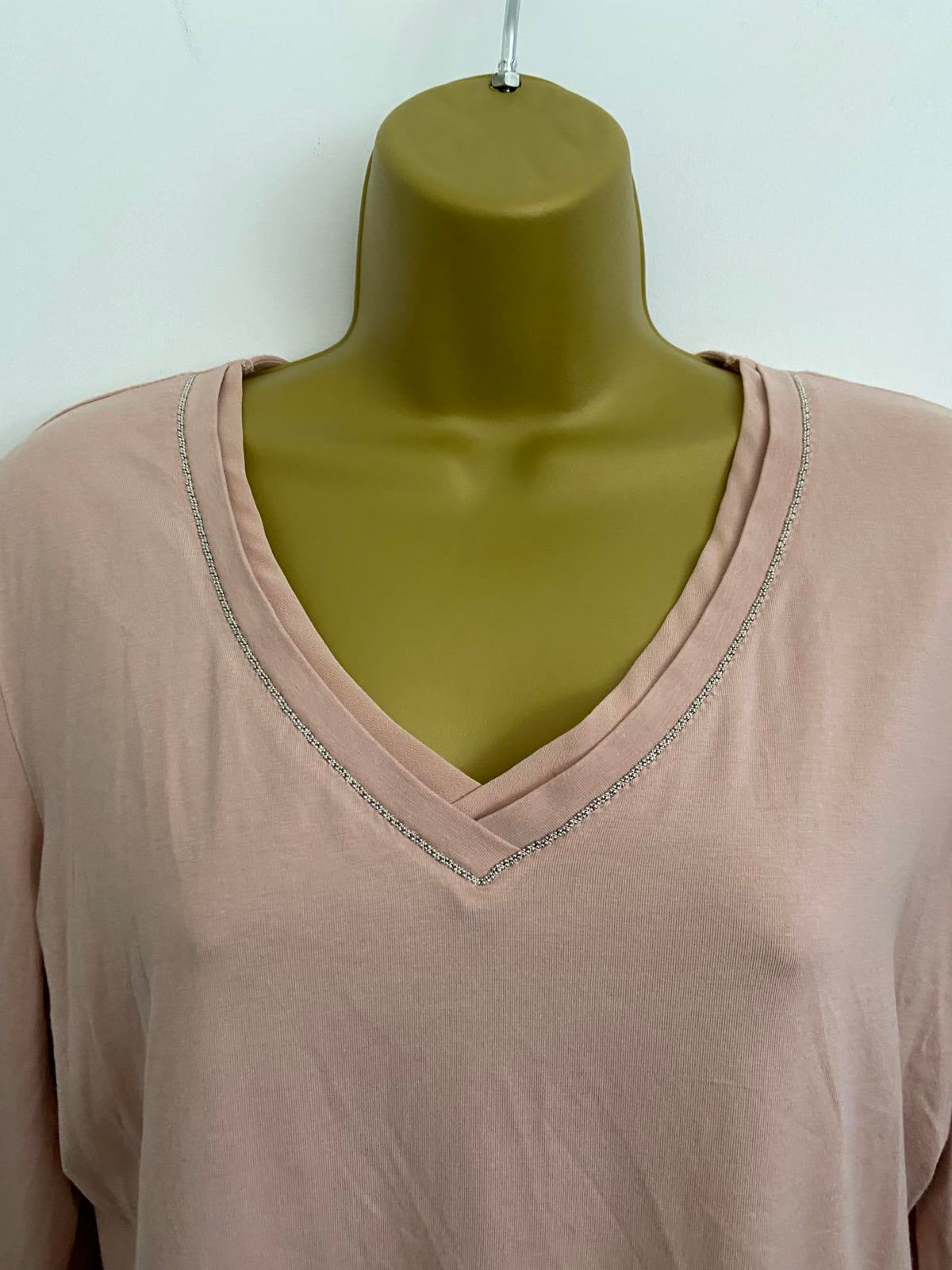 Gerry Weber Size 10 Dusky Pink 3/4 Sleeve V-Neck Top Silver Trim