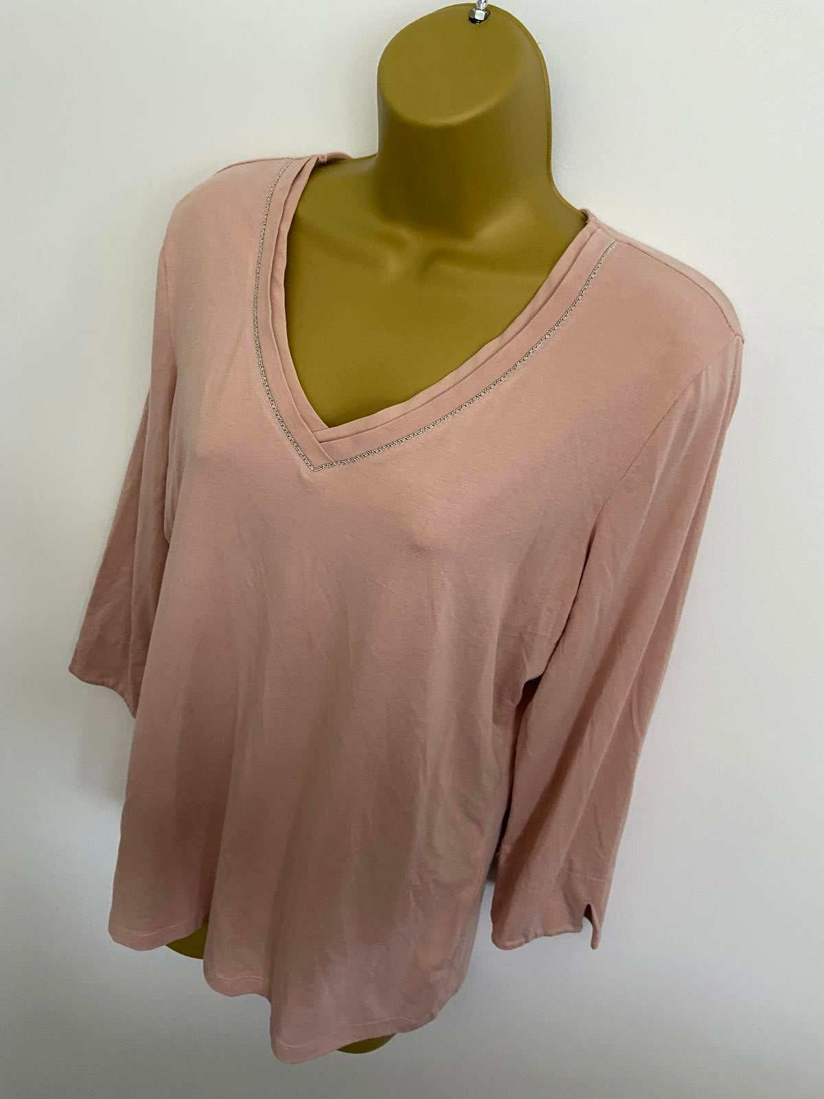 Gerry Weber Size 10 Dusky Pink 3/4 Sleeve V-Neck Top Silver Trim
