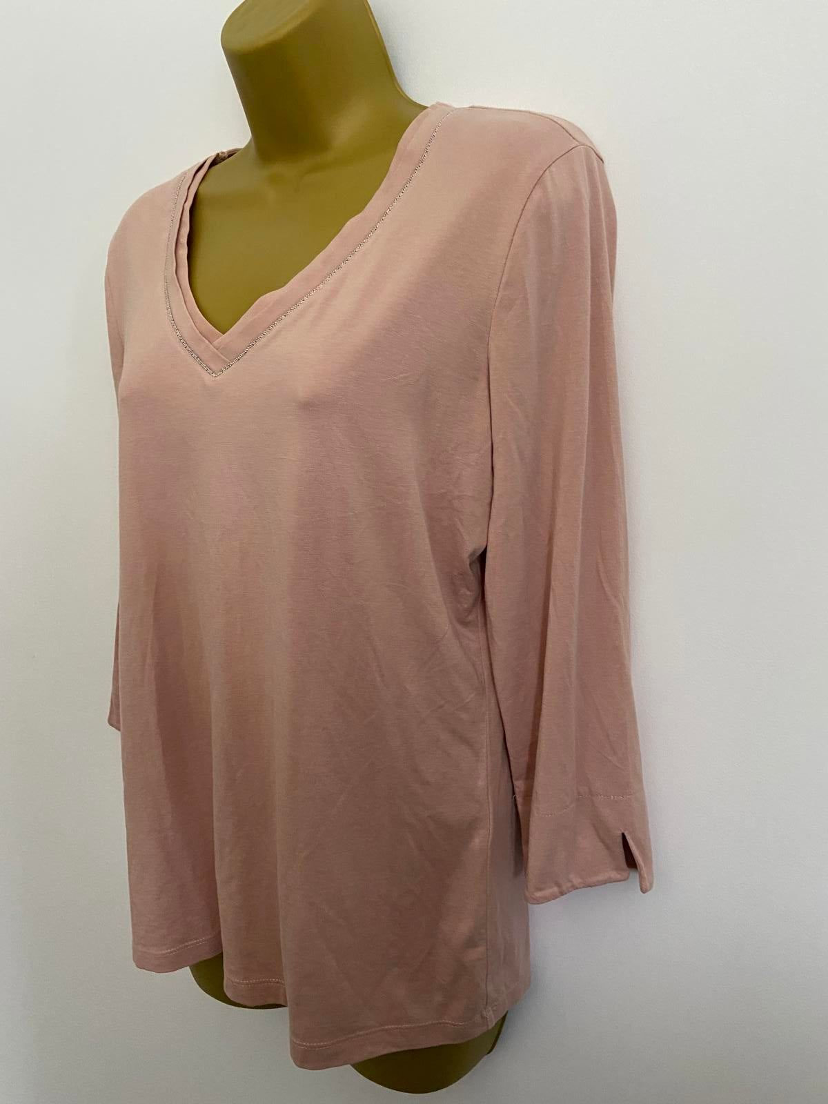 Gerry Weber Size 10 Dusky Pink 3/4 Sleeve V-Neck Top Silver Trim