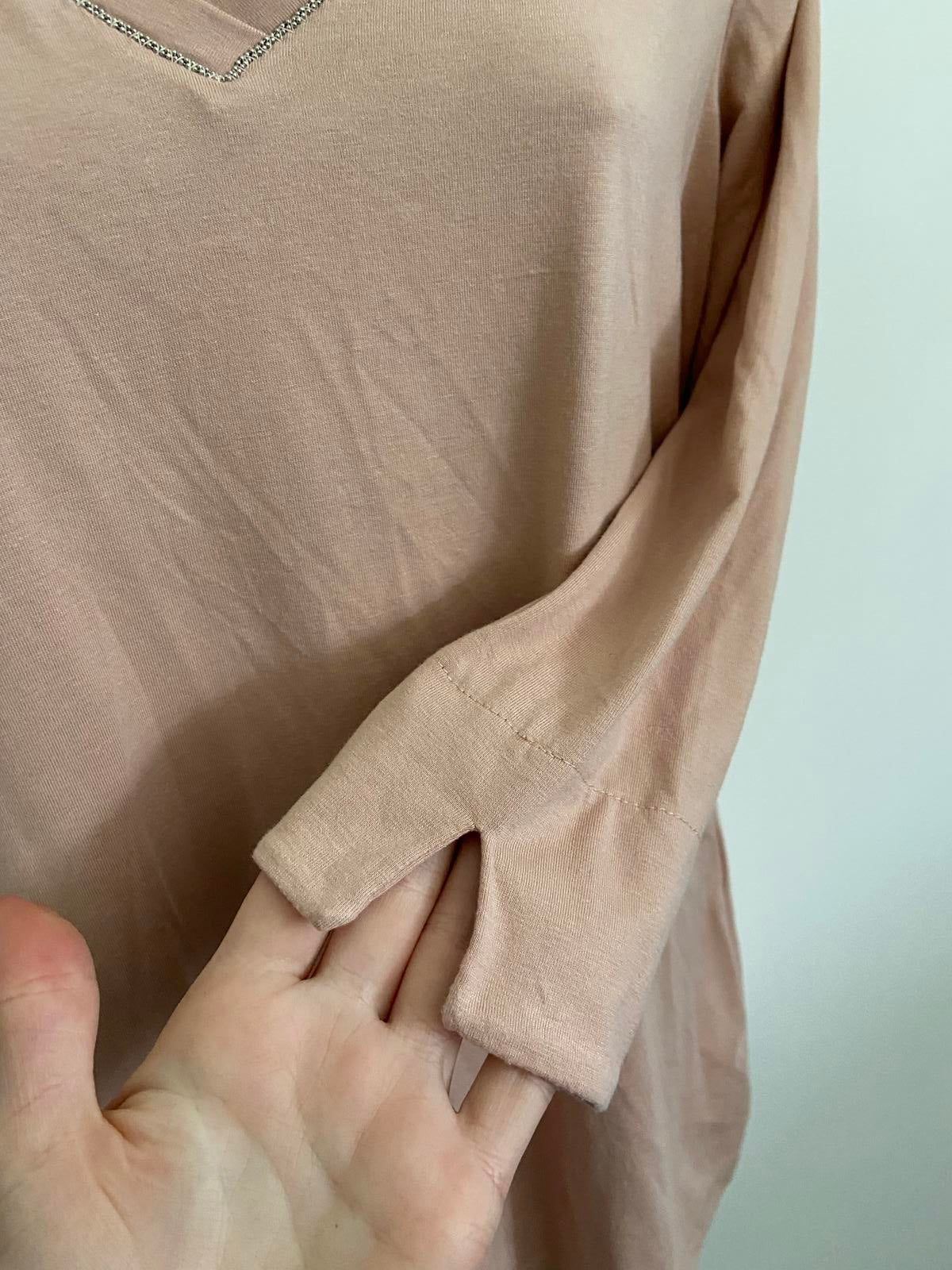 Gerry Weber Size 10 Dusky Pink 3/4 Sleeve V-Neck Top Silver Trim