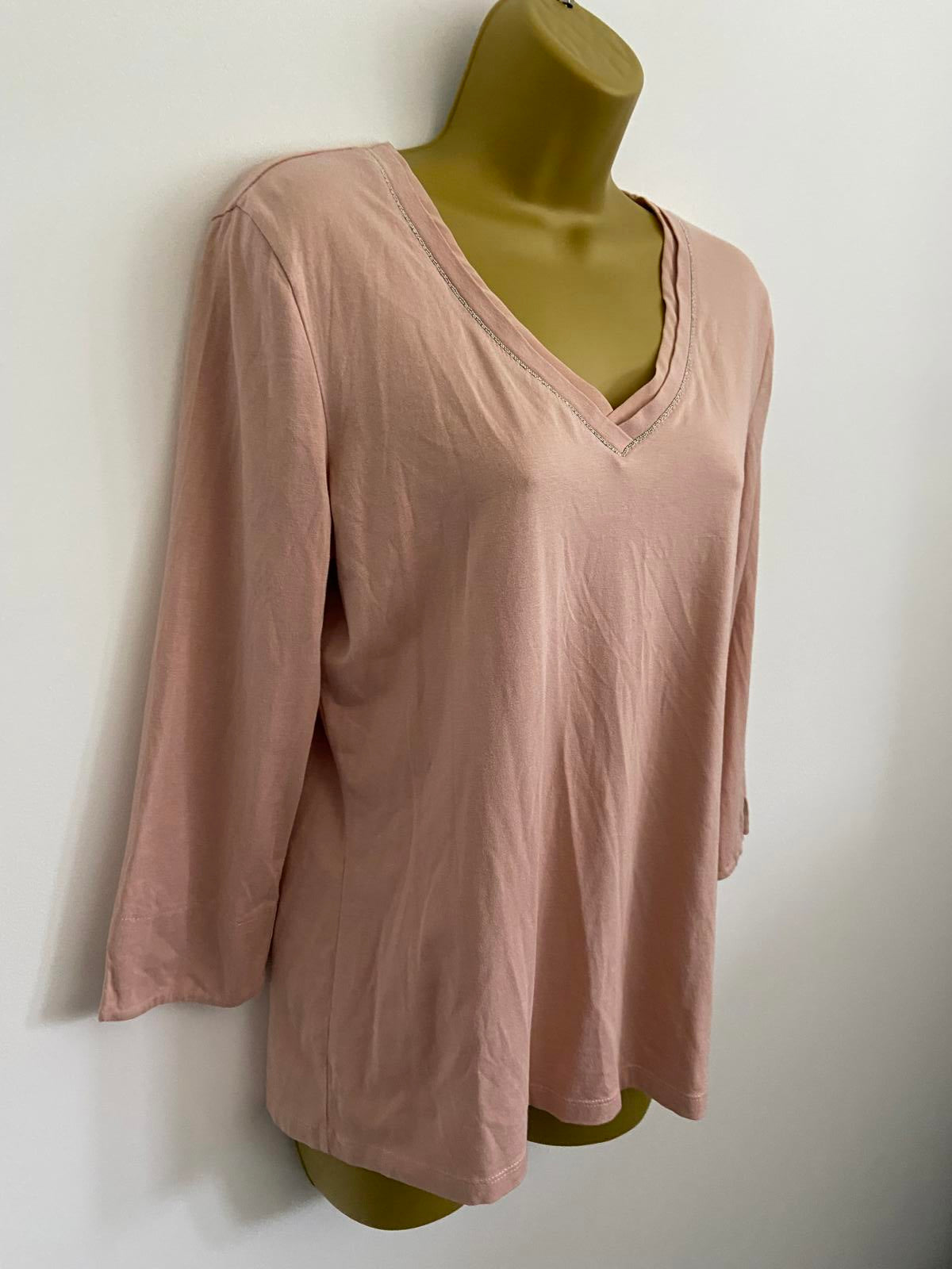 Gerry Weber Size 10 Dusky Pink 3/4 Sleeve V-Neck Top Silver Trim