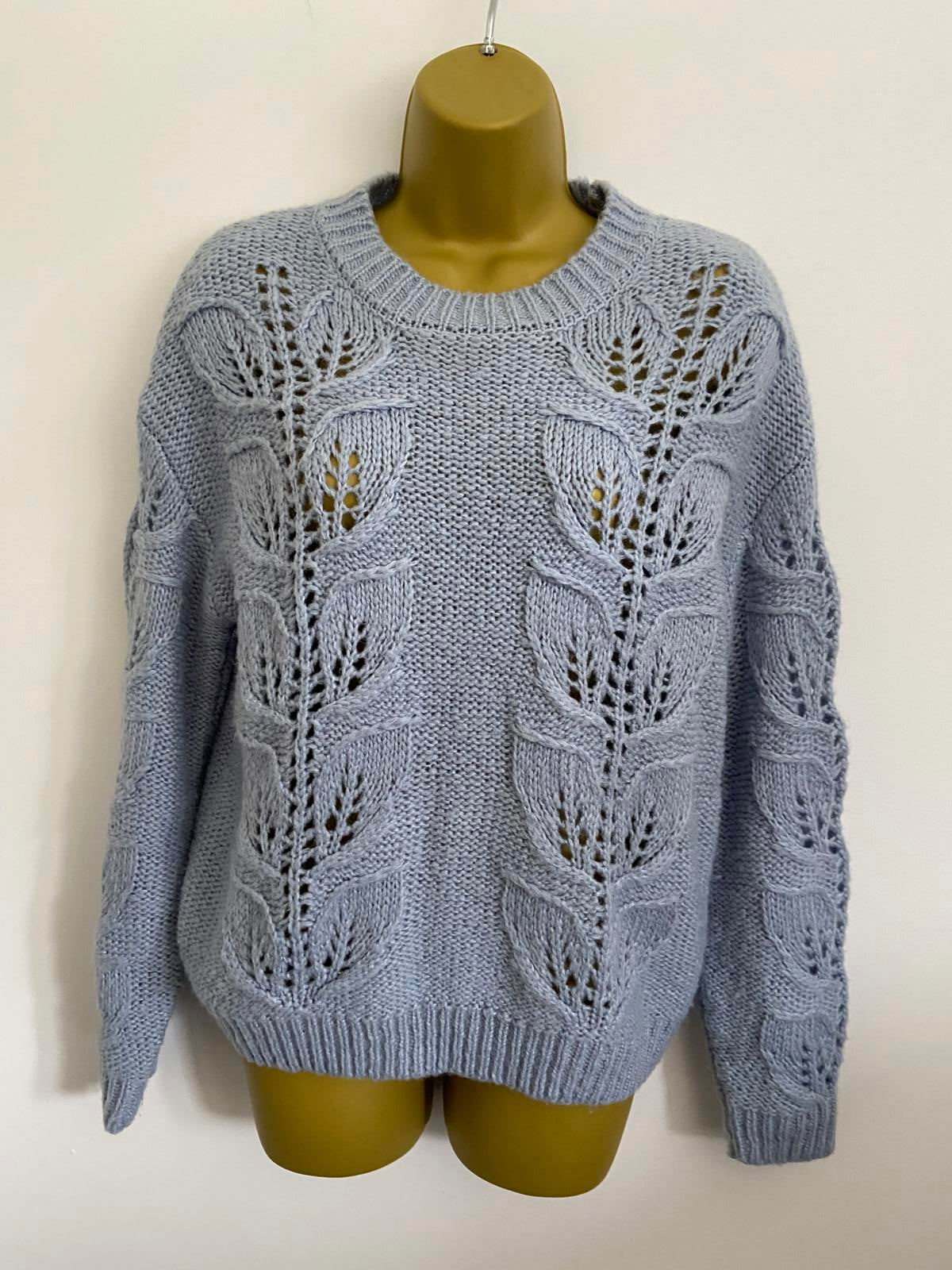 F&F Size 10 Light Blue Soft Knit Jumper Leaf Pattern Pointelle Sweater