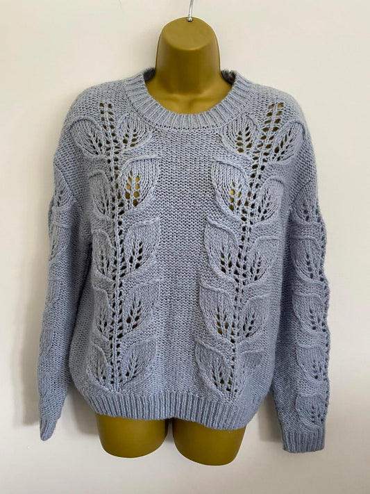 F&F Size 10 Light Blue Soft Knit Jumper Leaf Pattern Pointelle Sweater