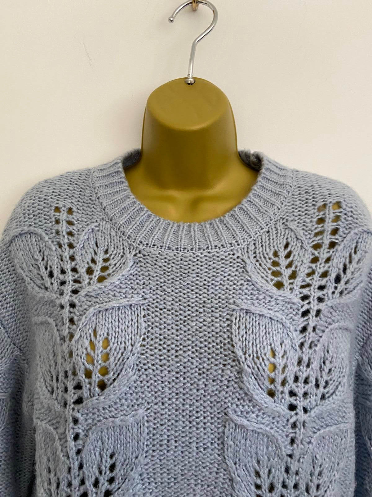 F&F Size 10 Light Blue Soft Knit Jumper Leaf Pattern Pointelle Sweater