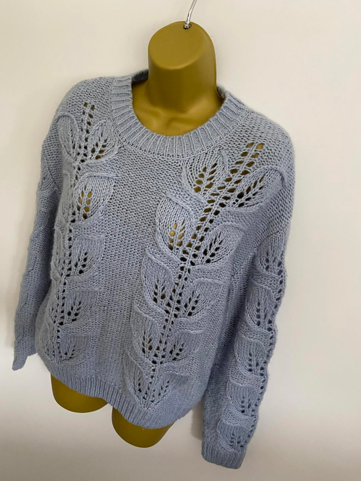 F&F Size 10 Light Blue Soft Knit Jumper Leaf Pattern Pointelle Sweater