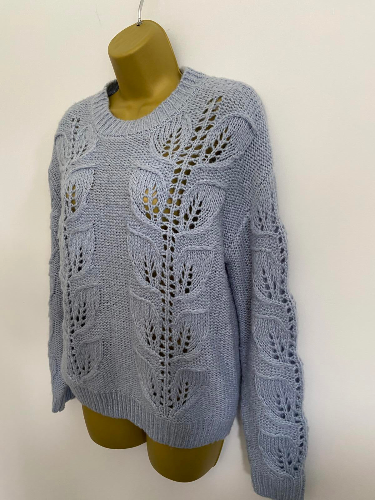F&F Size 10 Light Blue Soft Knit Jumper Leaf Pattern Pointelle Sweater