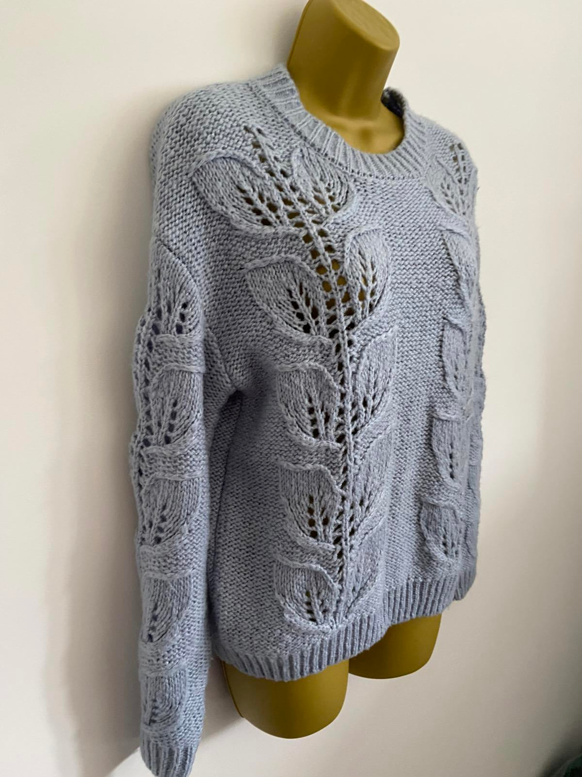 F&F Size 10 Light Blue Soft Knit Jumper Leaf Pattern Pointelle Sweater
