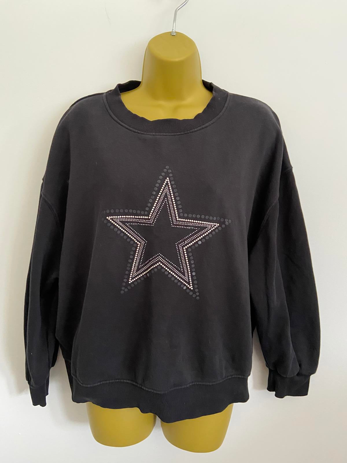F&F Size Medium Black Cropped Sweatshirt Silver Studded Star Detail