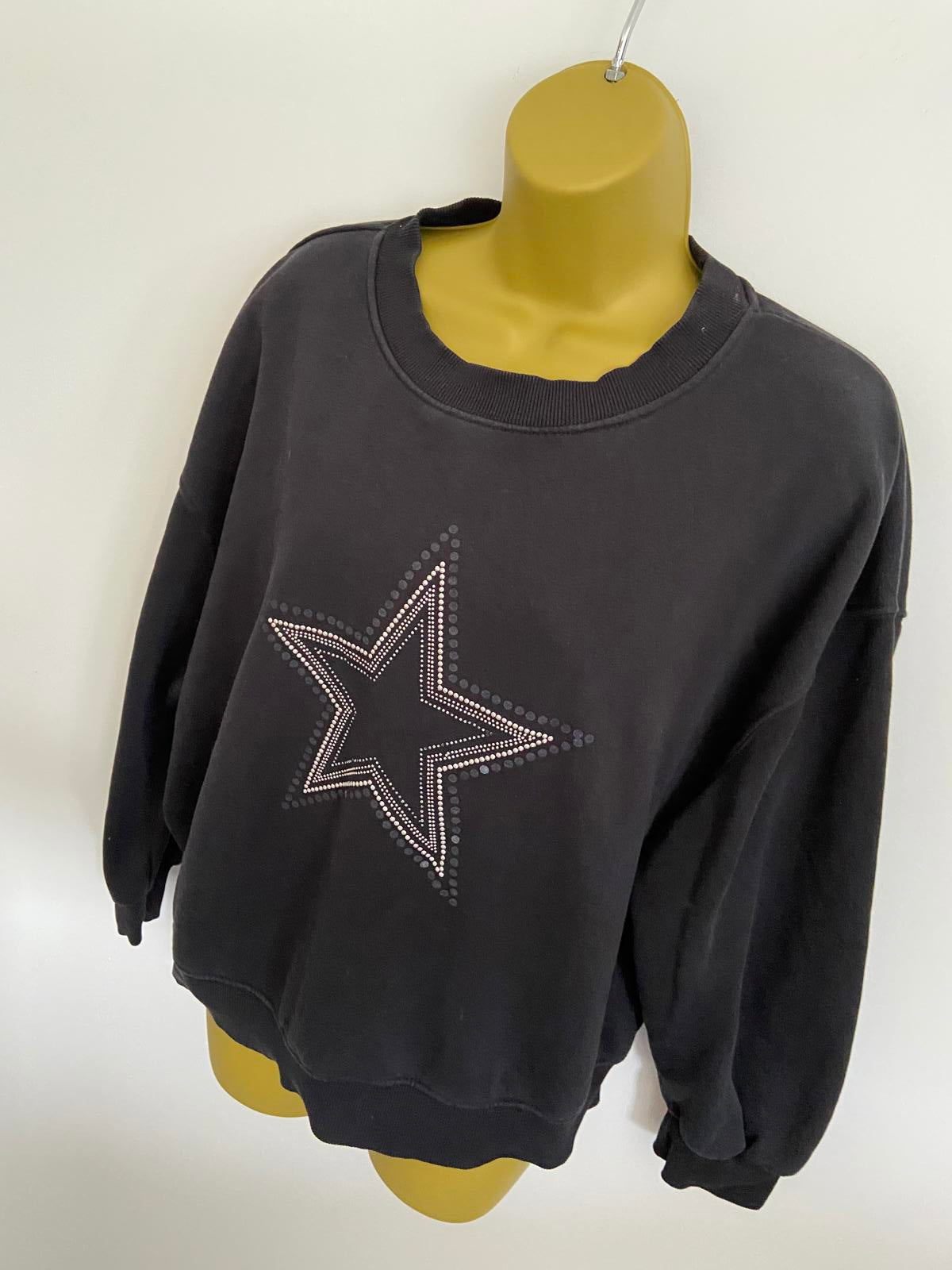 F&F Size Medium Black Cropped Sweatshirt Silver Studded Star Detail
