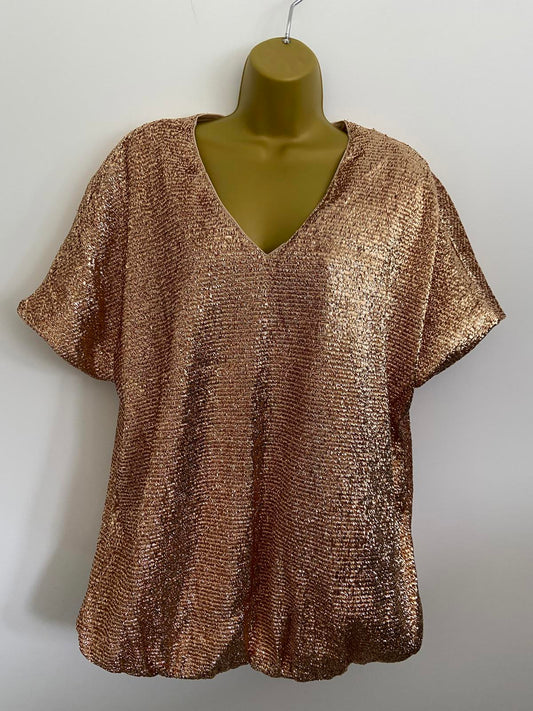 Shein XL Gold Glitter Metallic V-Neck Short Sleeve Elasticated Waist Top