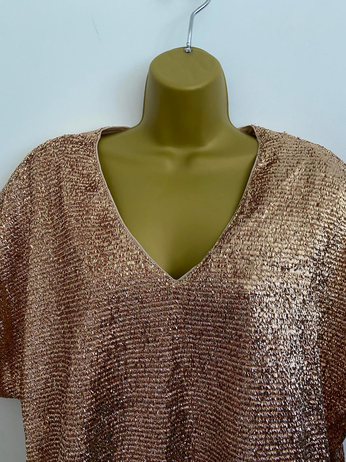 Shein XL Gold Glitter Metallic V-Neck Short Sleeve Elasticated Waist Top