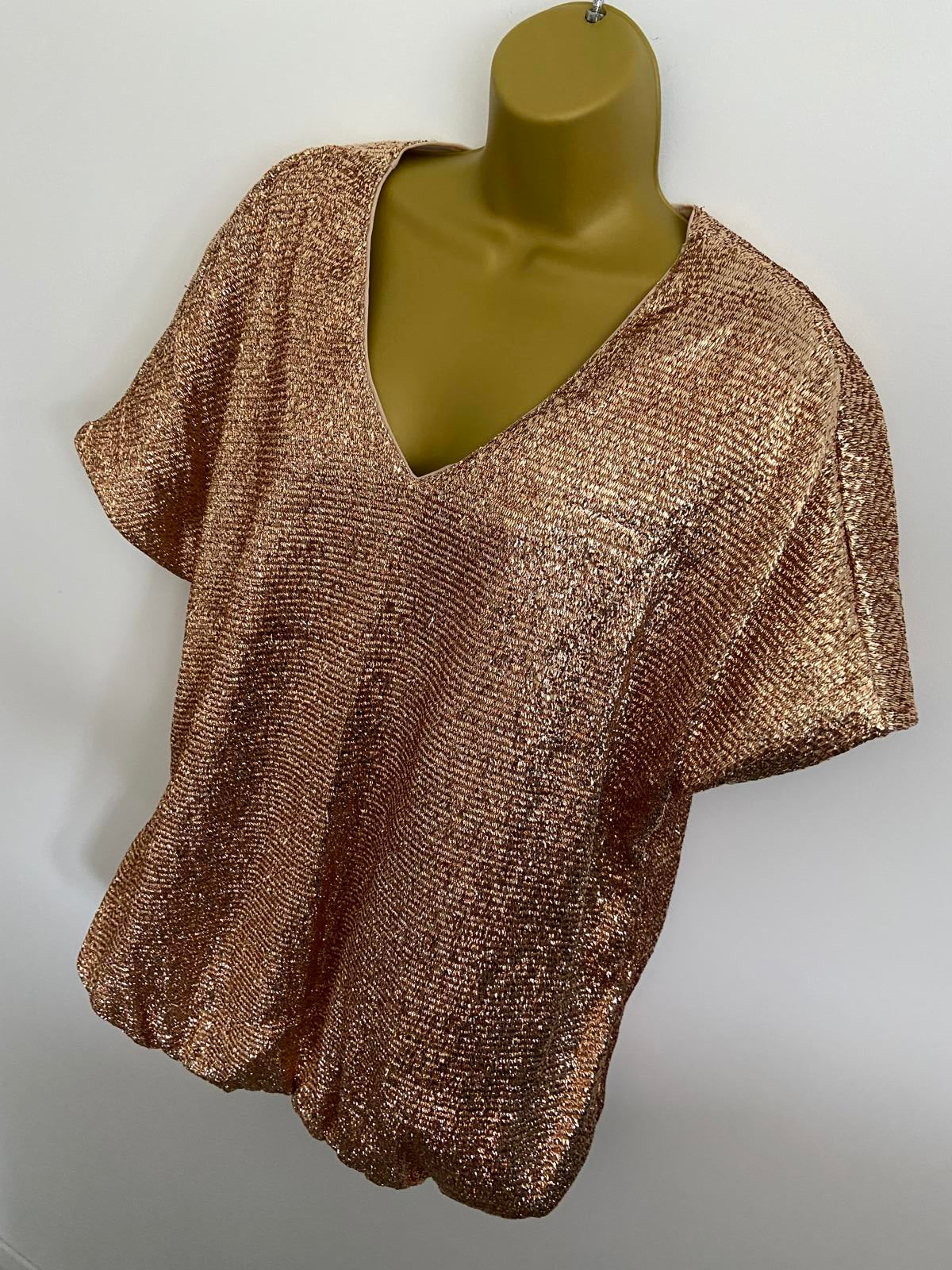 Shein XL Gold Glitter Metallic V-Neck Short Sleeve Elasticated Waist Top