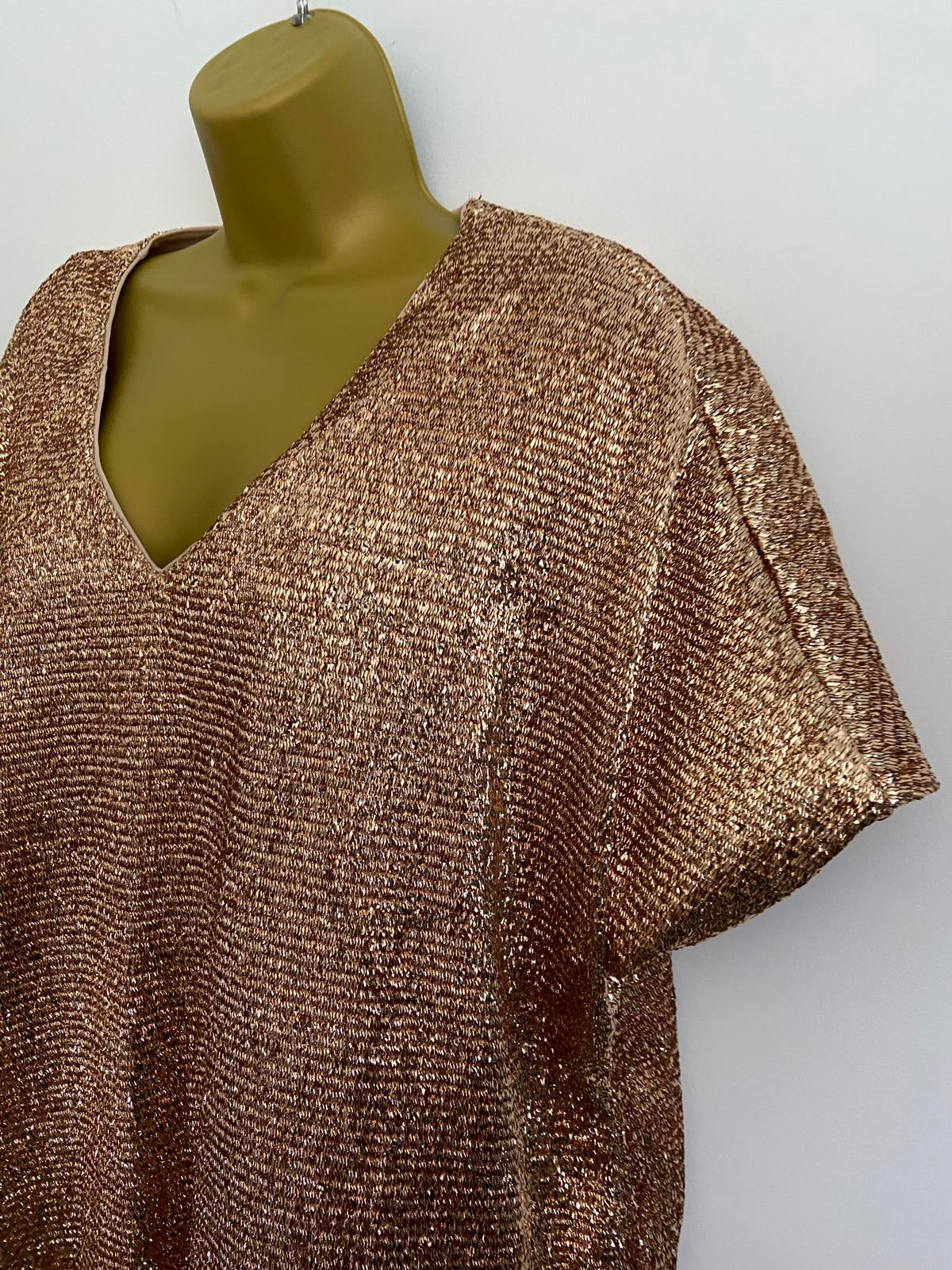 Shein XL Gold Glitter Metallic V-Neck Short Sleeve Elasticated Waist Top