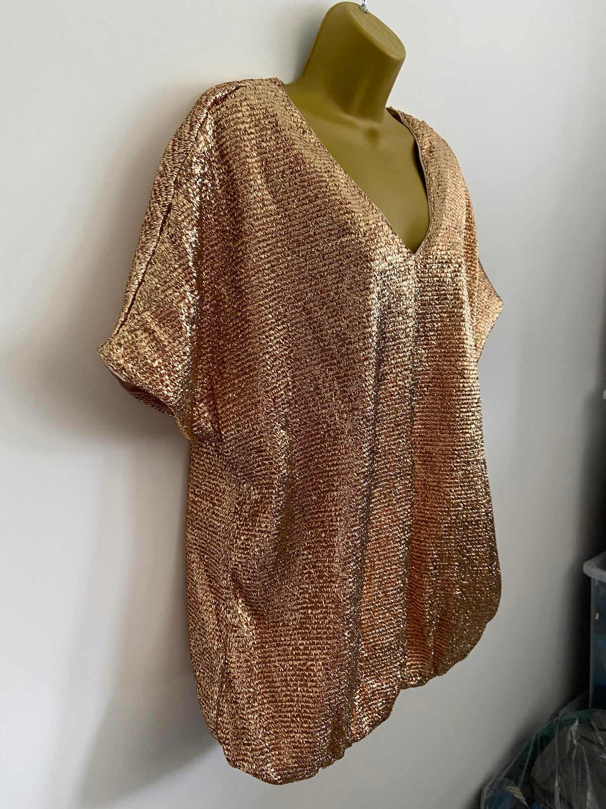 Shein XL Gold Glitter Metallic V-Neck Short Sleeve Elasticated Waist Top