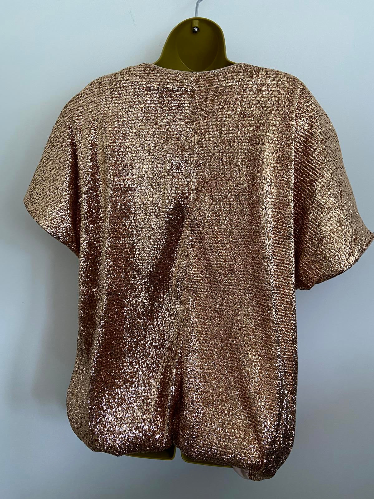 Shein XL Gold Glitter Metallic V-Neck Short Sleeve Elasticated Waist Top