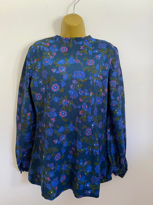 Vintage Handmade Blue Floral Long Sleeve Blouse Size 12-14