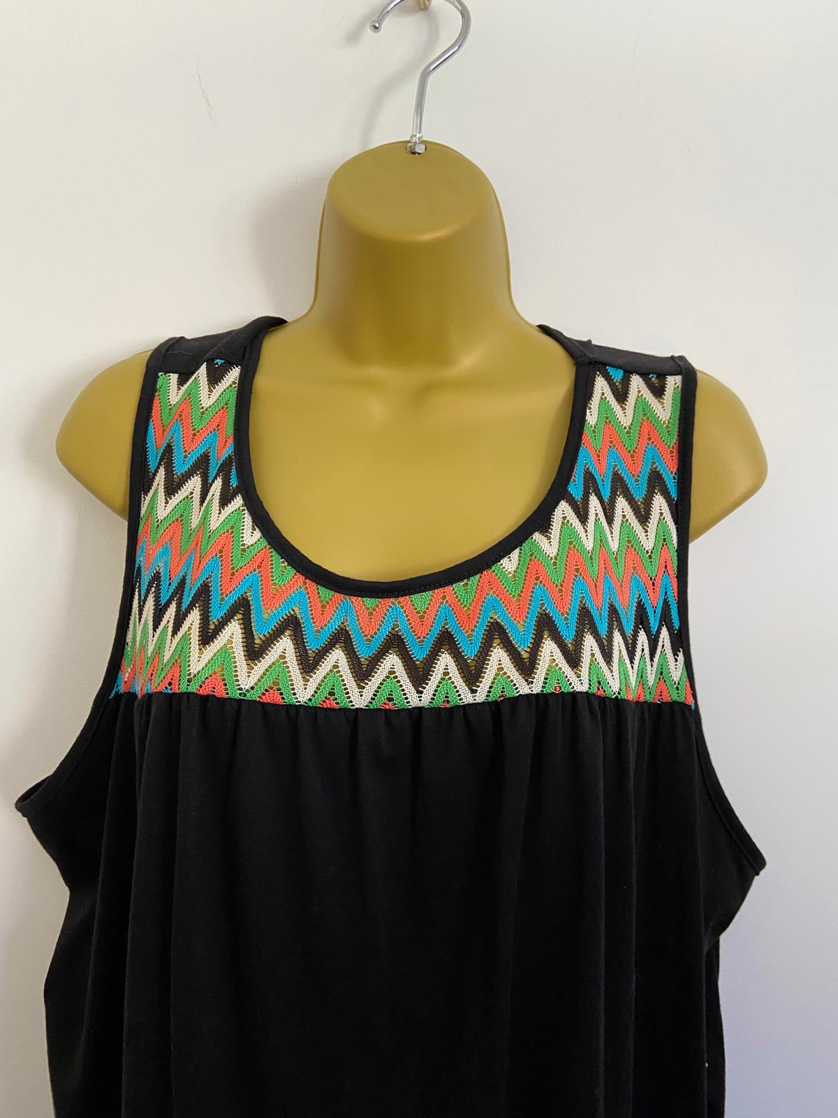 Shein 3XL Black Sleeveless Top Multi-Colour Crochet Zigzag Pattern