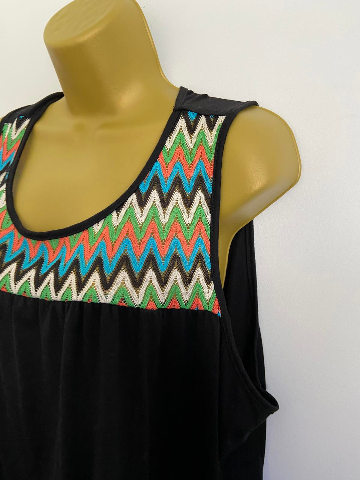 Shein 3XL Black Sleeveless Top Multi-Colour Crochet Zigzag Pattern