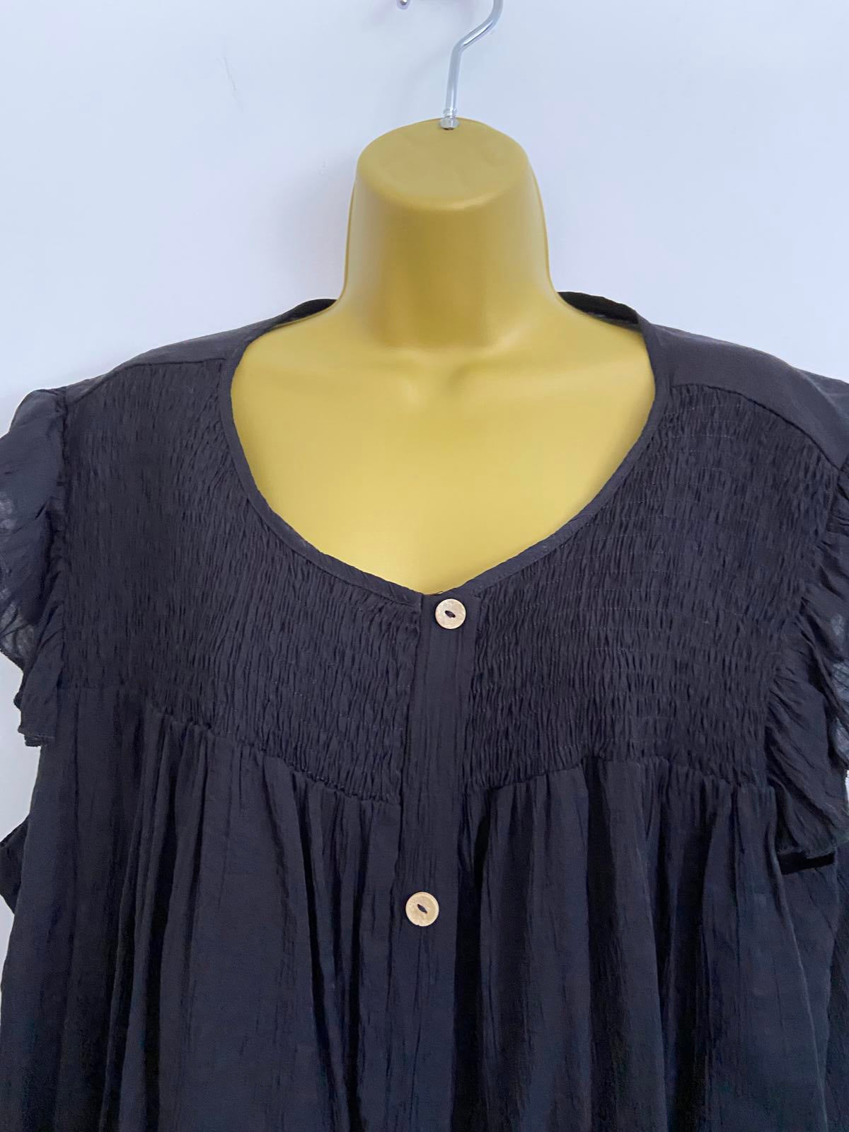 Shein 3XL Black Button-Down Short Sleeve Blouse Elasticated Neckline