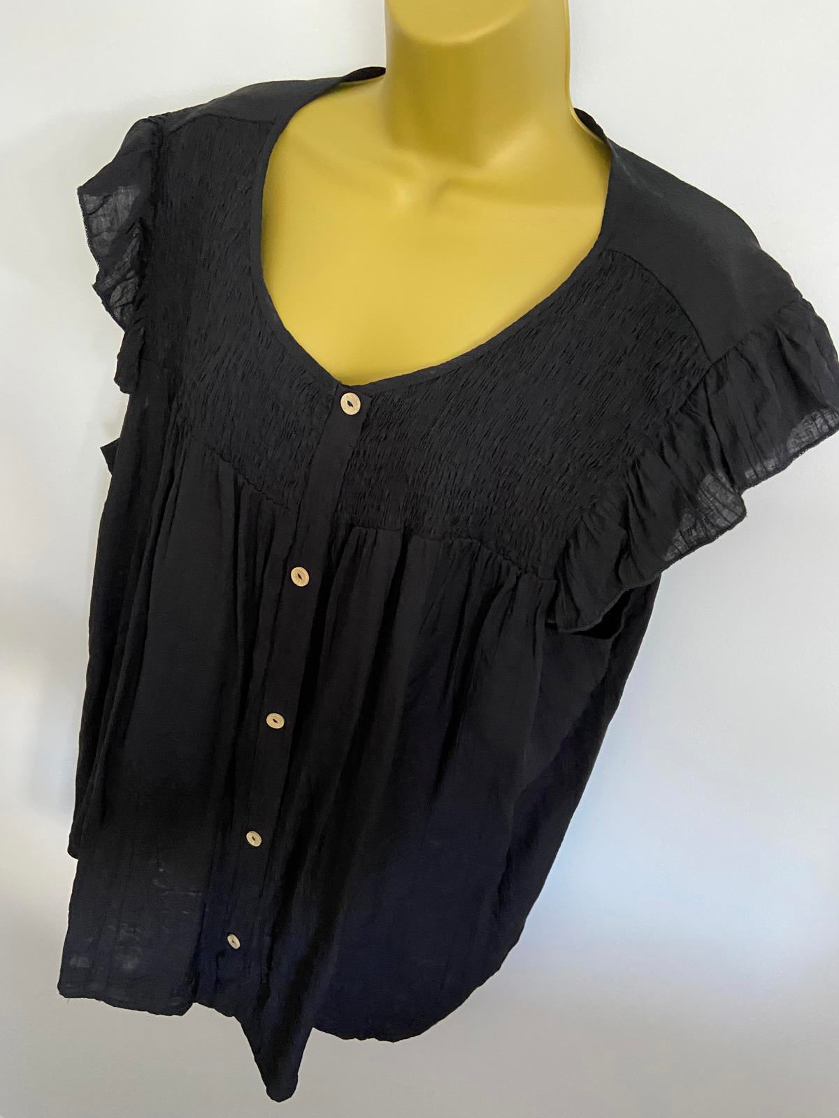 Shein 3XL Black Button-Down Short Sleeve Blouse Elasticated Neckline