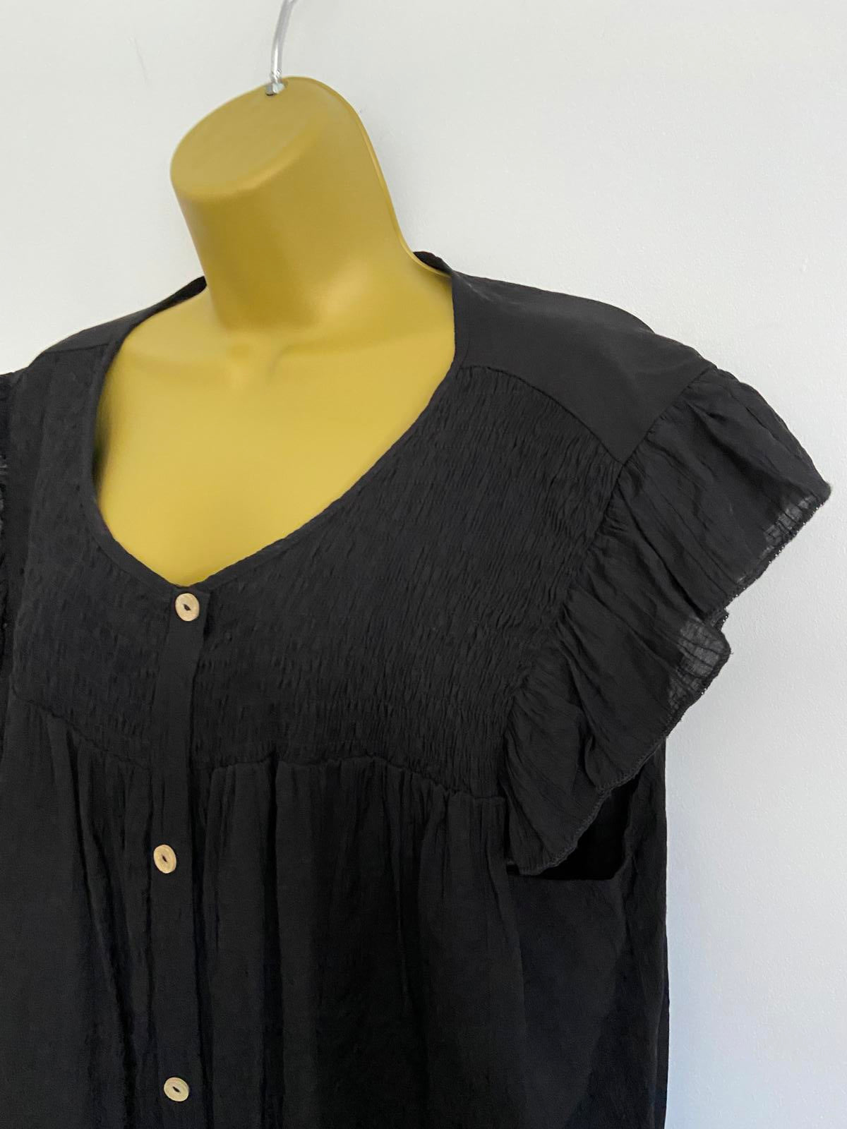 Shein 3XL Black Button-Down Short Sleeve Blouse Elasticated Neckline