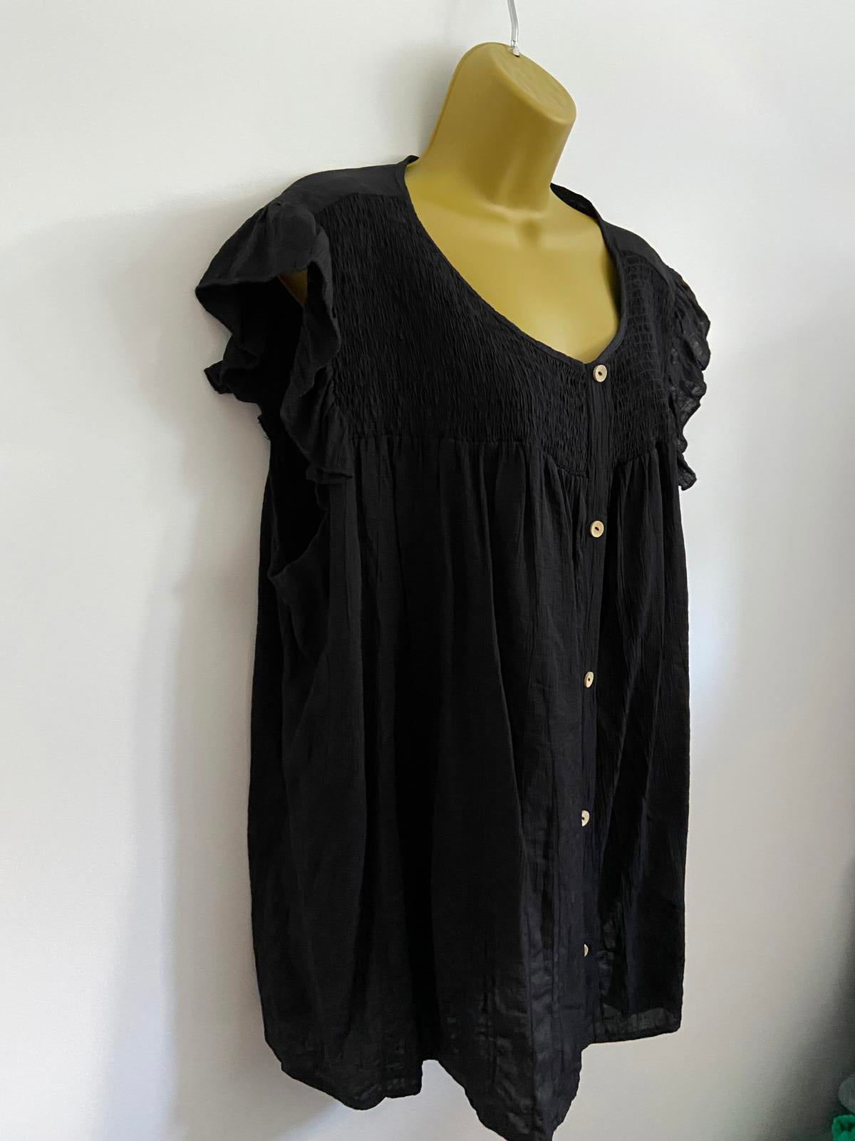 Shein 3XL Black Button-Down Short Sleeve Blouse Elasticated Neckline