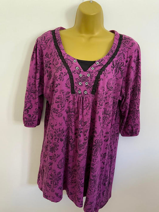 M&Co Petite XL Purple Floral Flock Print Cotton Top Button Detail