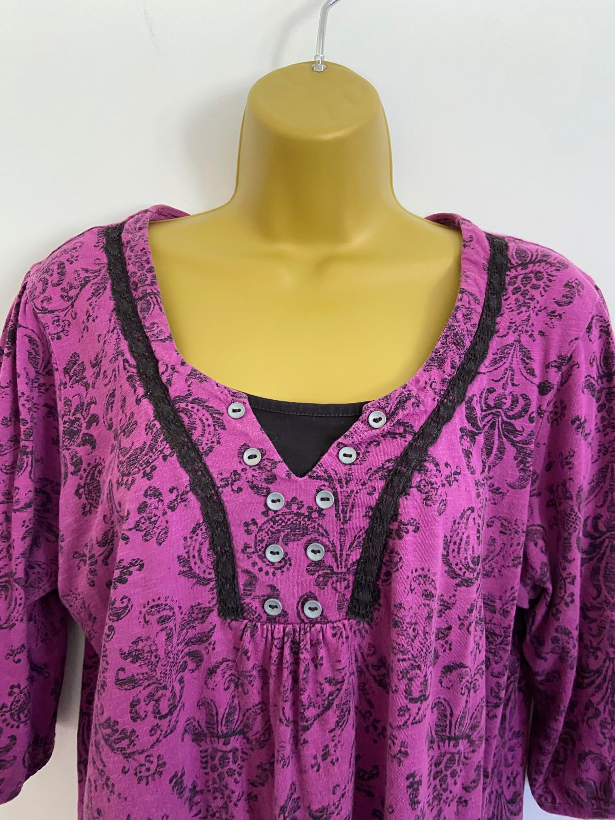 M&Co Petite XL Purple Floral Flock Print Cotton Top Button Detail