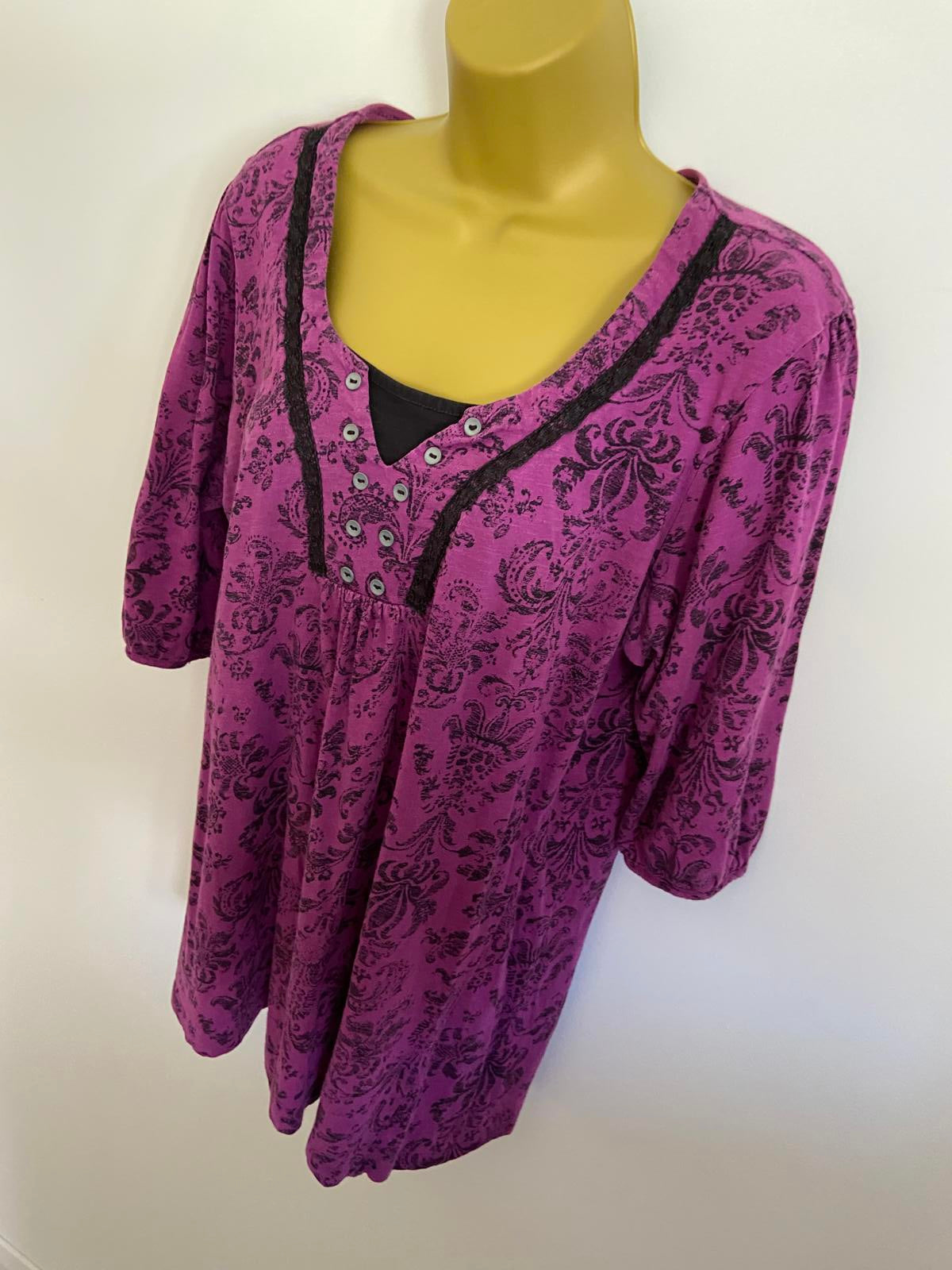 M&Co Petite XL Purple Floral Flock Print Cotton Top Button Detail