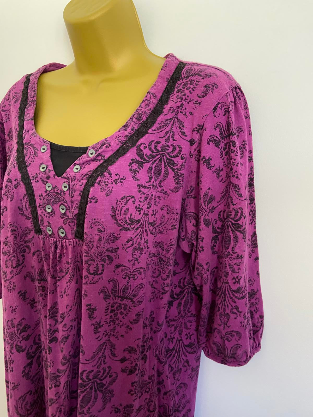 M&Co Petite XL Purple Floral Flock Print Cotton Top Button Detail