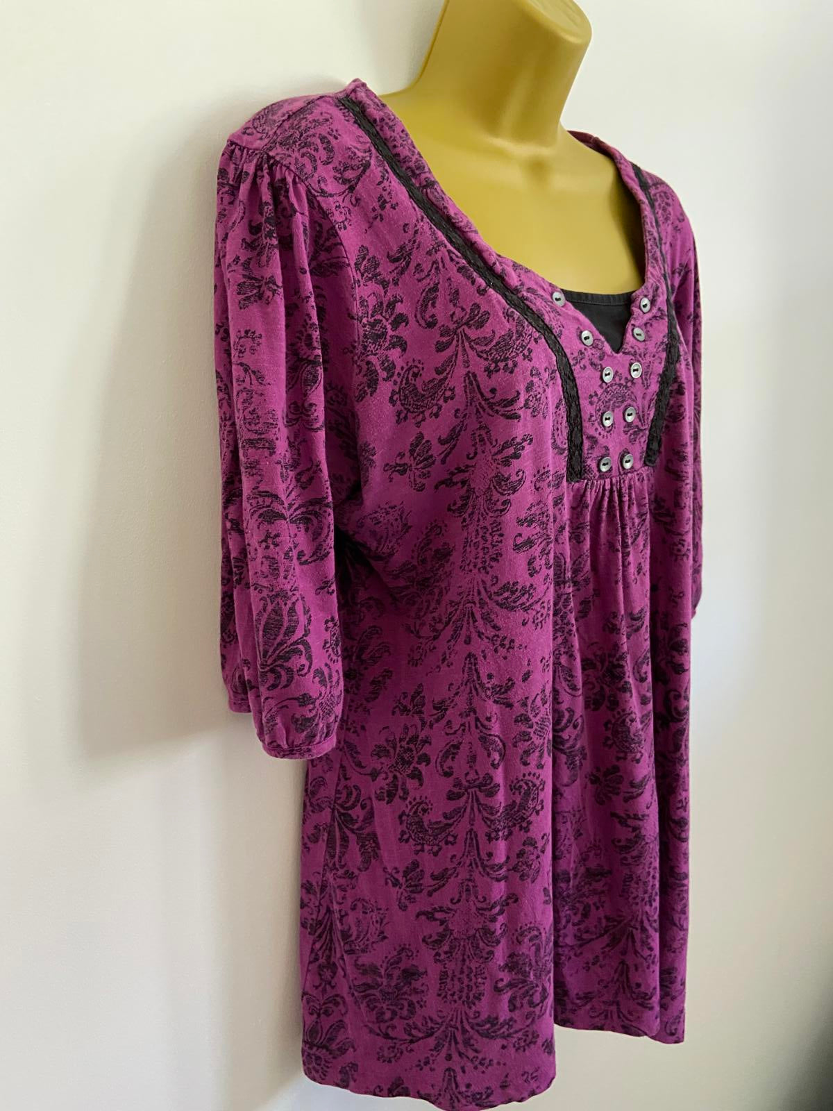 M&Co Petite XL Purple Floral Flock Print Cotton Top Button Detail