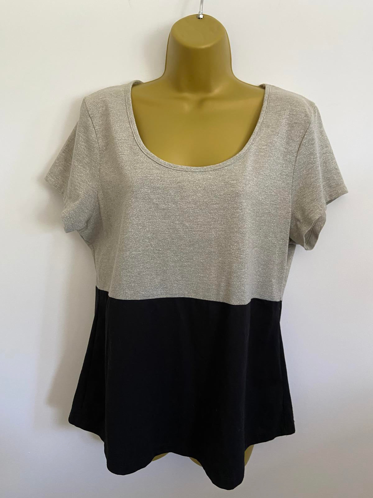 M&Co Size 16 Silver Metallic & Black Panel T-Shirt Short Sleeve Top