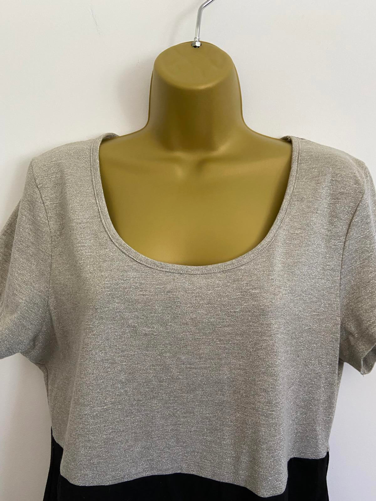 M&Co Size 16 Silver Metallic & Black Panel T-Shirt Short Sleeve Top