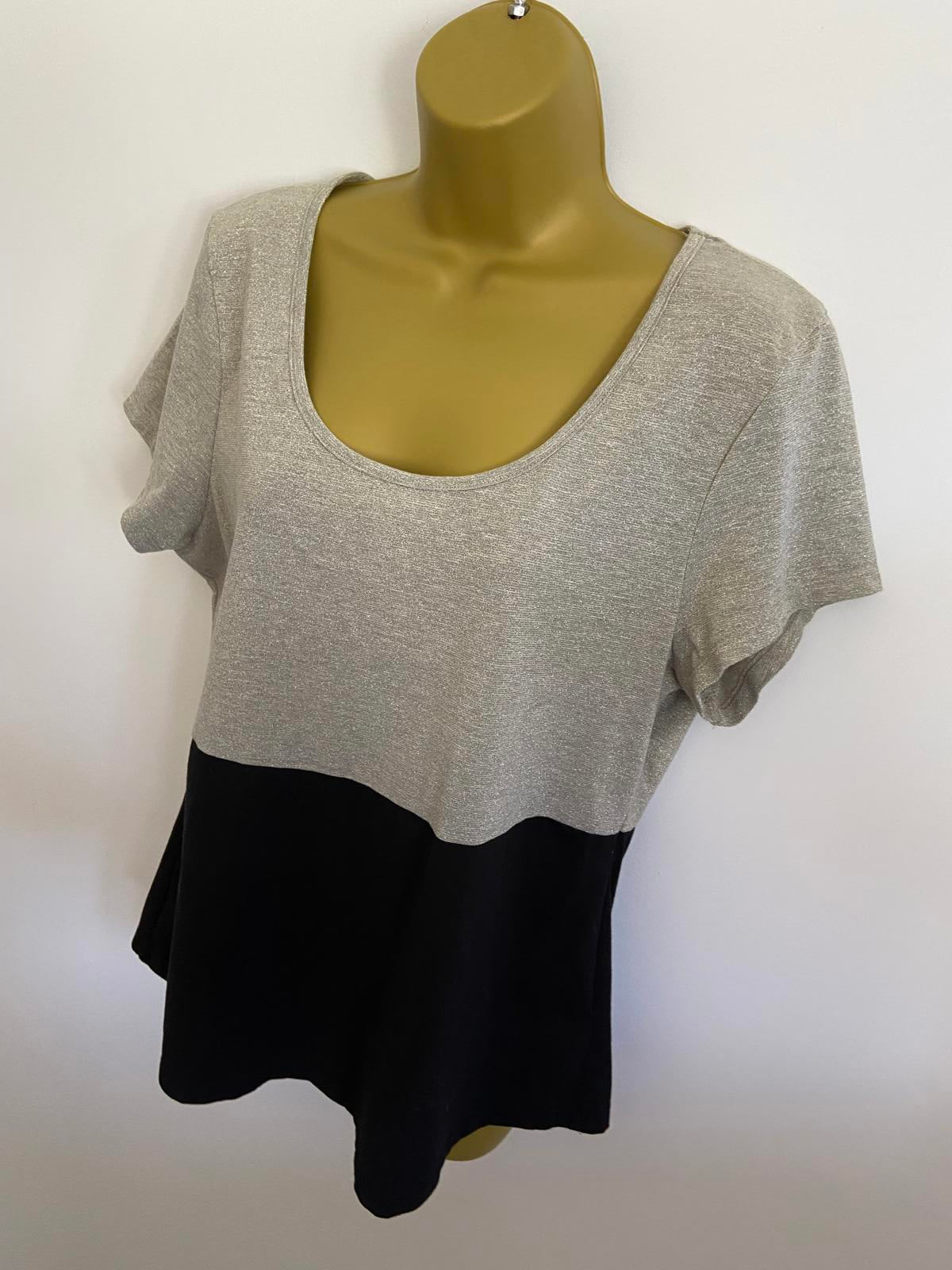M&Co Size 16 Silver Metallic & Black Panel T-Shirt Short Sleeve Top