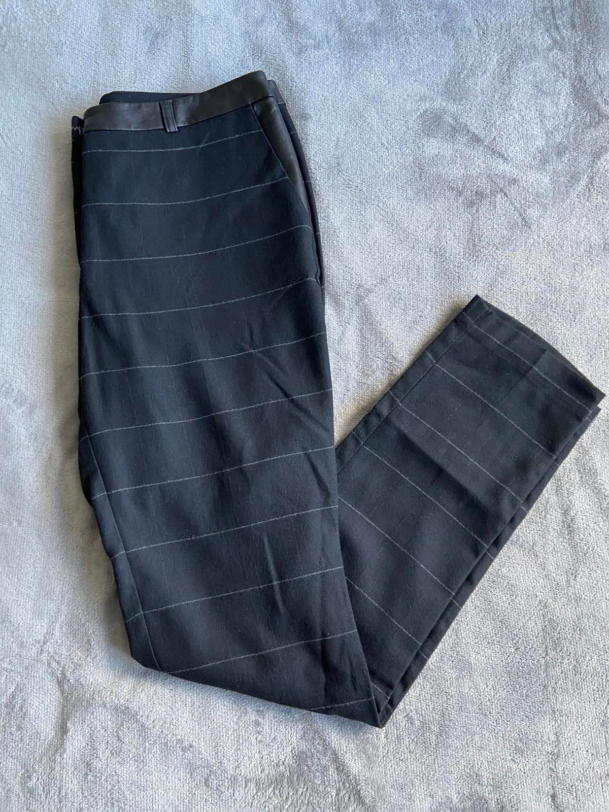 M&S Size 12 Long Blue & White Pinstripe Trousers Faux Leather Trim